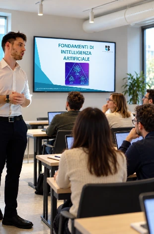 Docente durante una lezione di intelligenza artificiale in aula