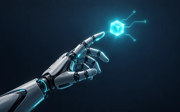 Mano robotica interagisce con un cubo digitale luminoso