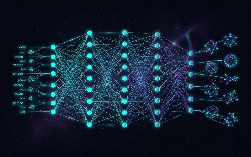 Come Ragiona un LLM — visualizzazione rete neurale e flusso di token