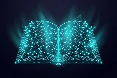 Libro digitale luminoso con rete neurale — simbolo della formazione AI
